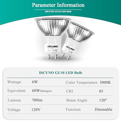 DiCUNO Dimmable GU10 LED Bulb, 5000K Daylight White, 700LM, 6W Pack of 6 for Track Lighting