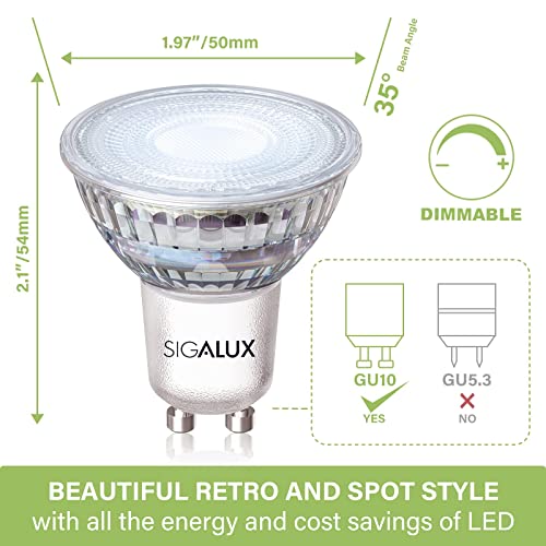 Sigalux 5000K Dimmable GU10 LED Bulbs, 4.5W, 450LM, 50W Halogen Equivalent, 35° Spot, Pack of 8