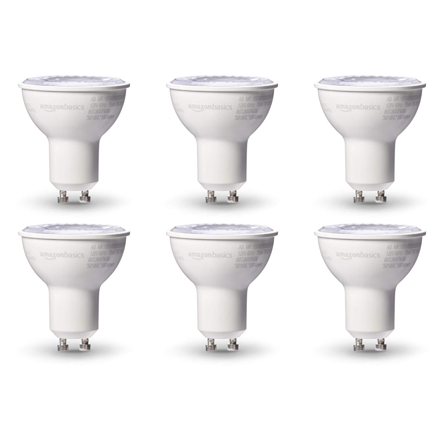 Amazon Basics 50W Equivalent LED Light Bulbs, GU10 Base, Warm White, Dimmable - 6 Pack