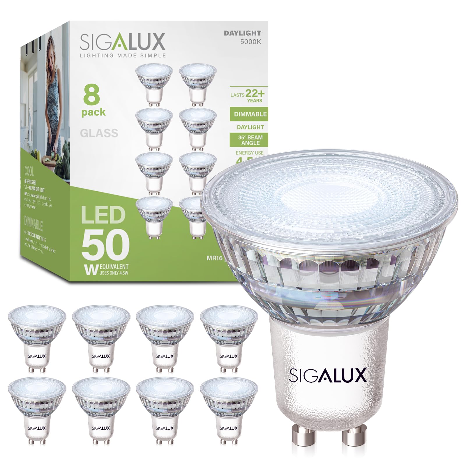 Sigalux 5000K Dimmable GU10 LED Bulbs, 4.5W, 450LM, 50W Halogen Equivalent, 35° Spot, Pack of 8