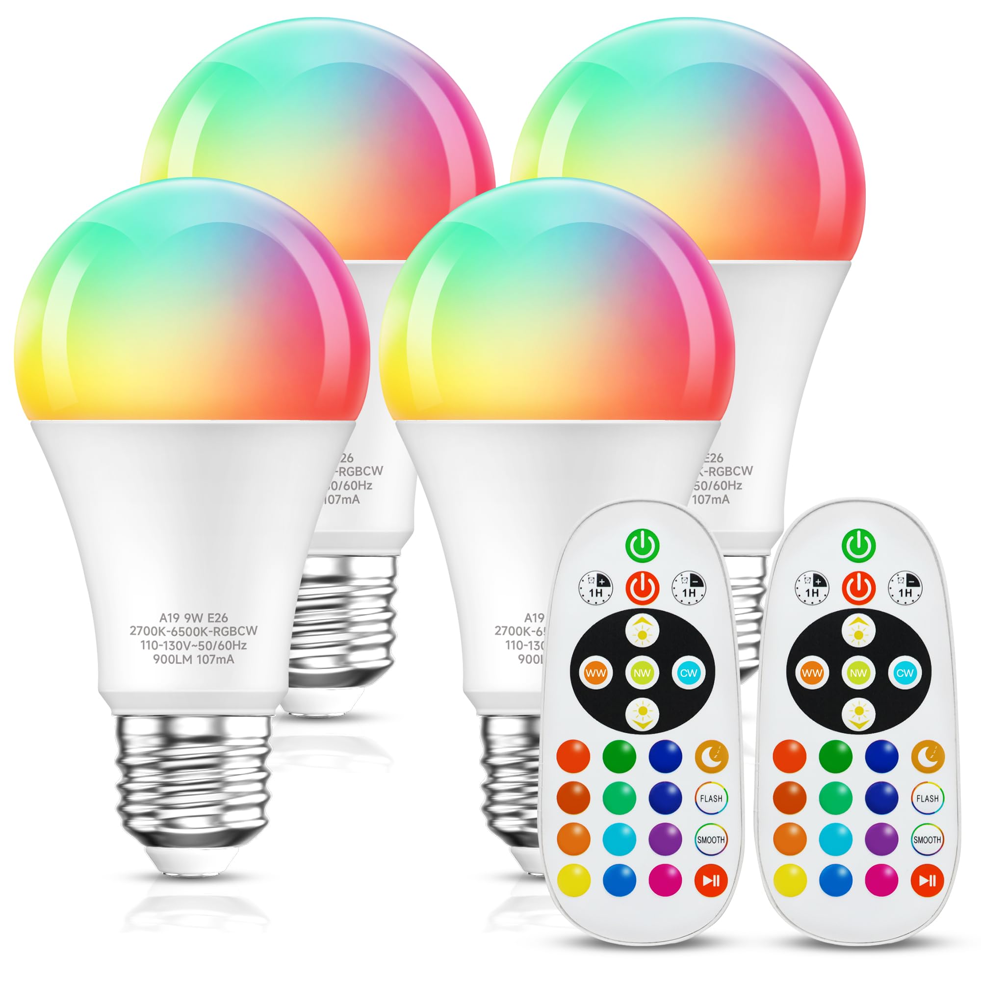 ColorChanging Light Bulbs, 80W Eq., 16 Colors, Dimmable, 4 Pack