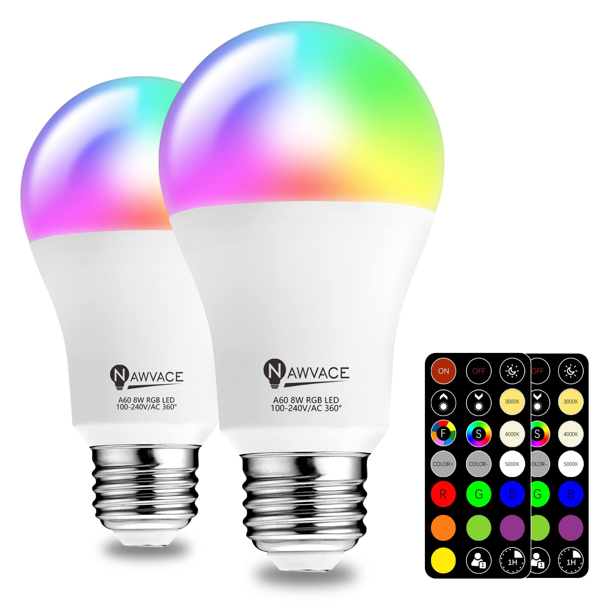 RGB LED Color Changing Light Bulbs with Remote, 60W Equivalent, 8W Dimmable, 2700K-6000K, 2-Pack for Indoor/Outdoor Use in Bedrooms and Living Rooms